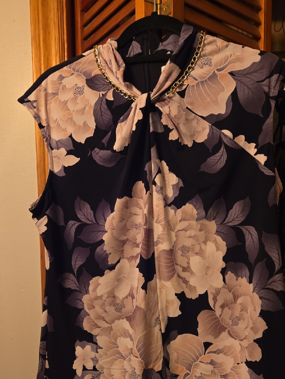 Calvin Klein Black and Blush Floral Tie-Neck Camisole with Gold Chain